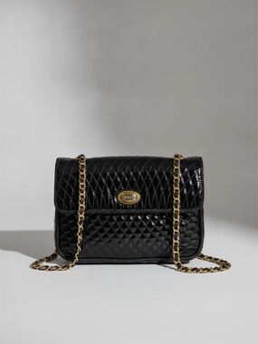 Vintage BALLY Black Quilted Patent Leather Chain Crossbody Flap Bag